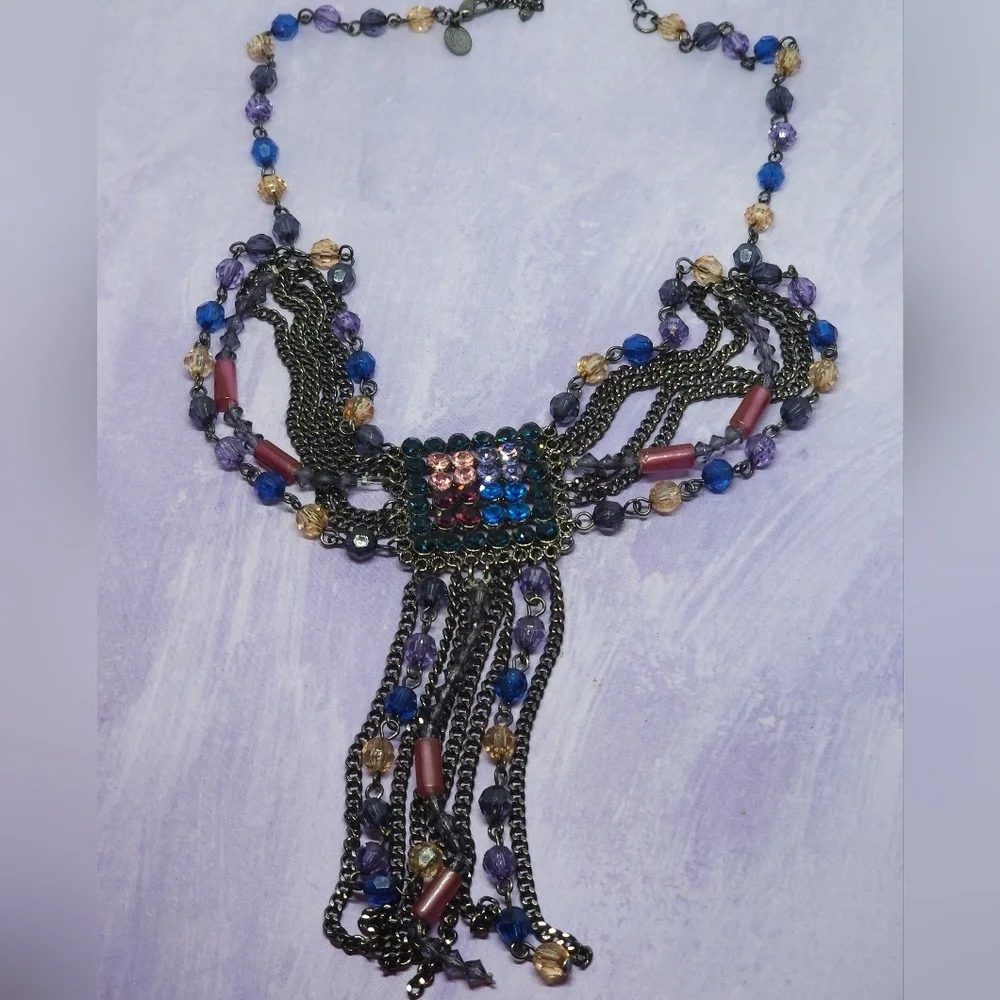 Joann She Multi-Strand Necklace Square Multi-Colored Rhinestone & Bead Pendant